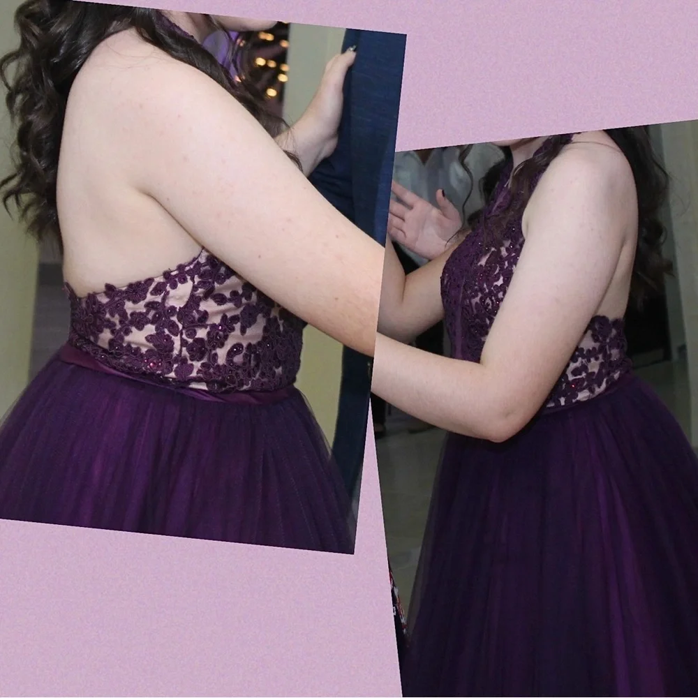 MADISON JAMES Elegant Purple Floral Lace Maxi Formal Ball Gown - Picture 14 of 17